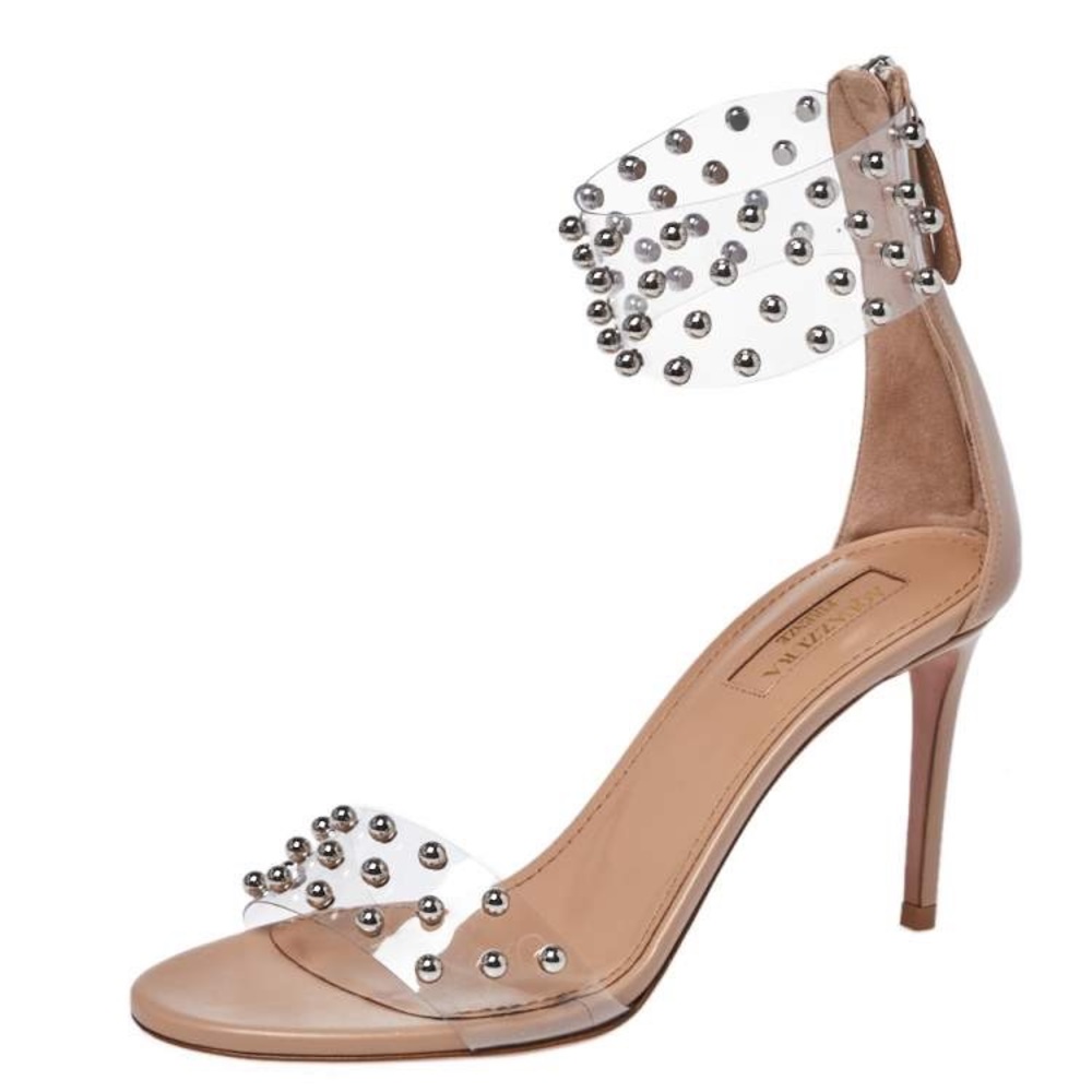 AQUAZZURA Beige Leather And Studded PVC Illusion Ankle Cuff Sandals Size 41